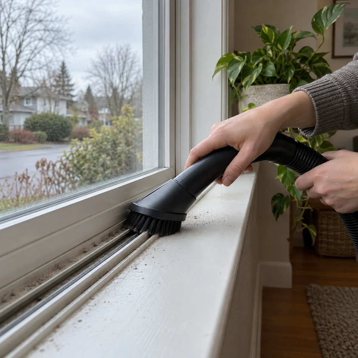 Vacuum brush removing loose dust from an interior window track before washing