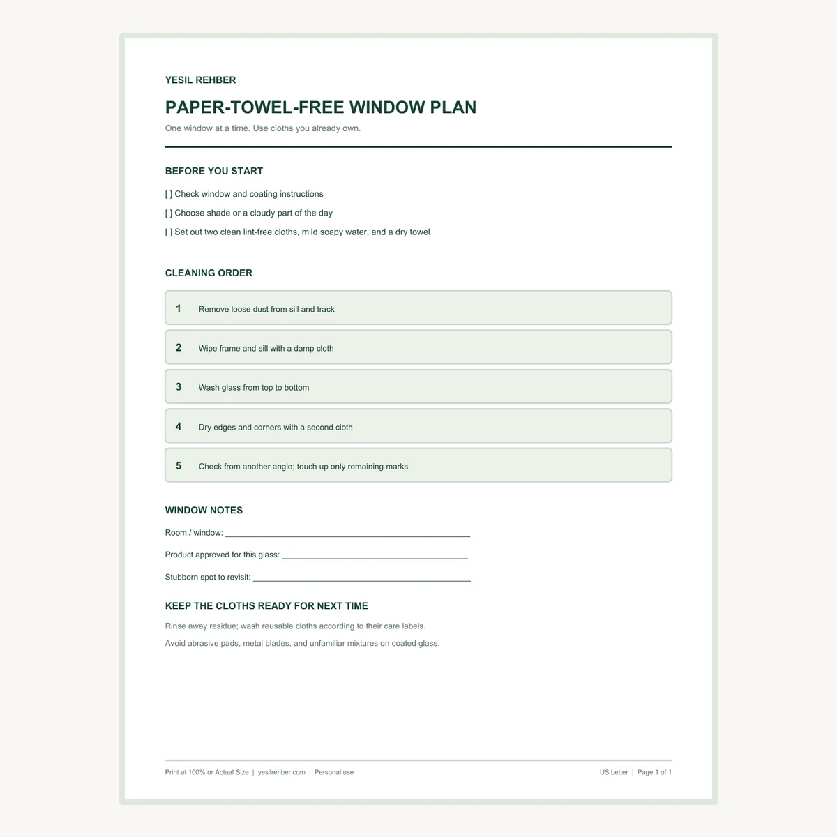 Preview of the actual one-page paper-towel-free window cleaning plan