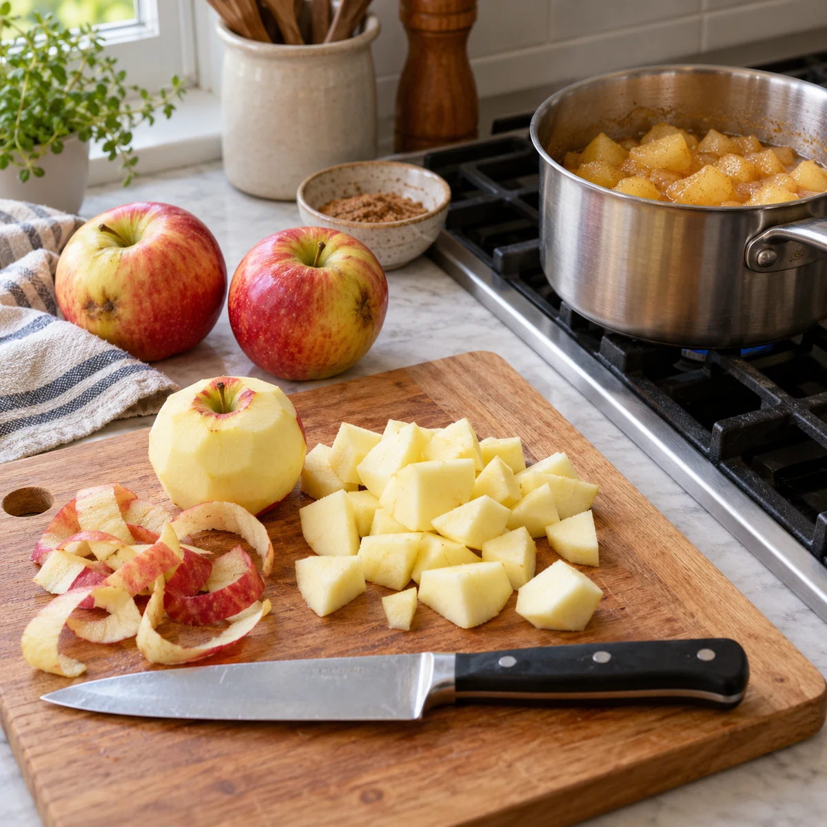 Sound apples with small bruises being prepared for a simple cooked apple dish