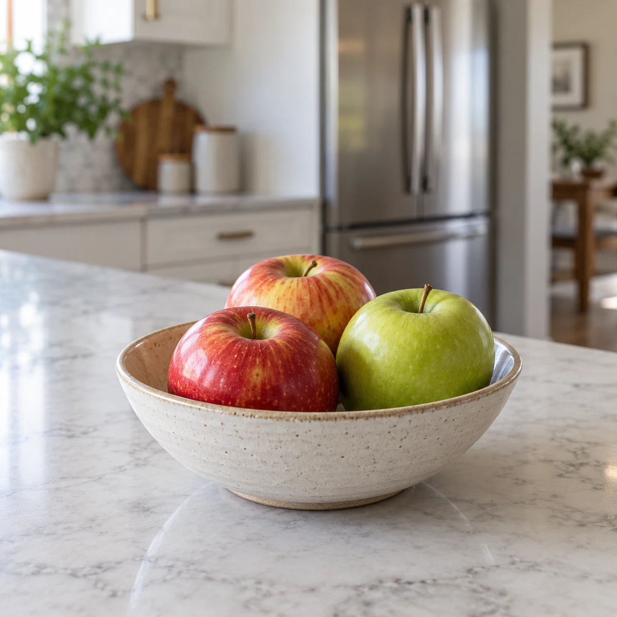 Three whole apples in a small fruit bowl on a kitchen counter away from direct sun