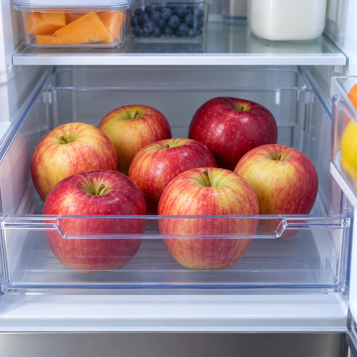 Whole apples in a shallow open container in a clean refrigerator fruit drawer