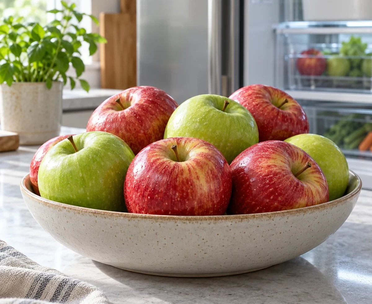 Bowl of sound whole apples on a kitchen counter with a refrigerator nearby