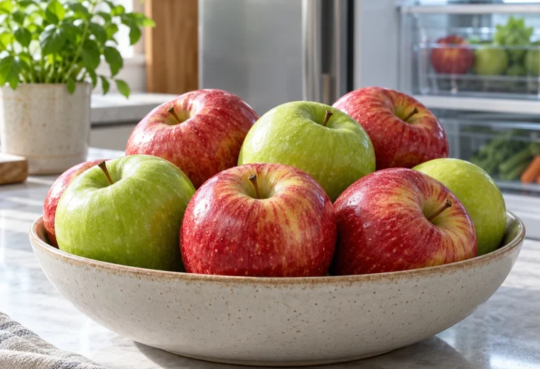 Bowl of sound whole apples on a kitchen counter with a refrigerator nearby