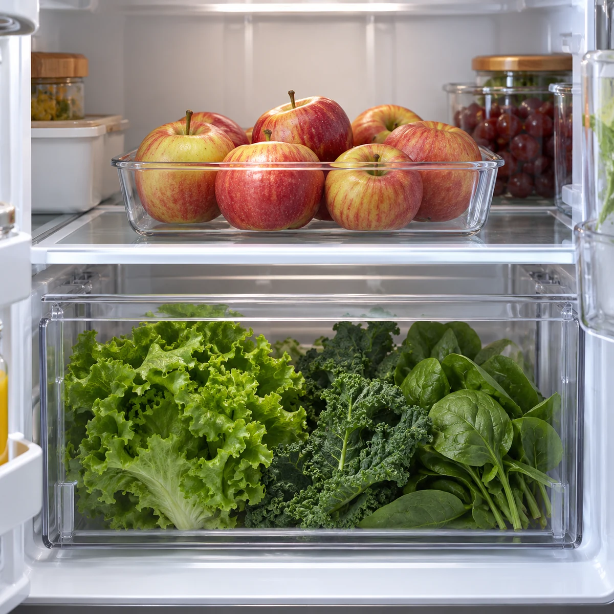 Apples in a fruit drawer separated from leafy vegetables on a different refrigerator shelf