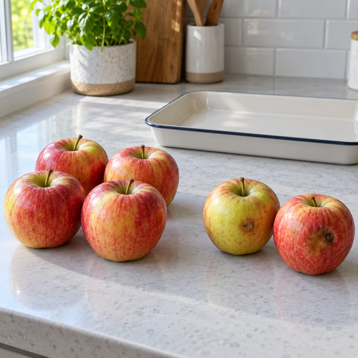 Whole apples sorted into sound and use-first groups on a clean kitchen counter