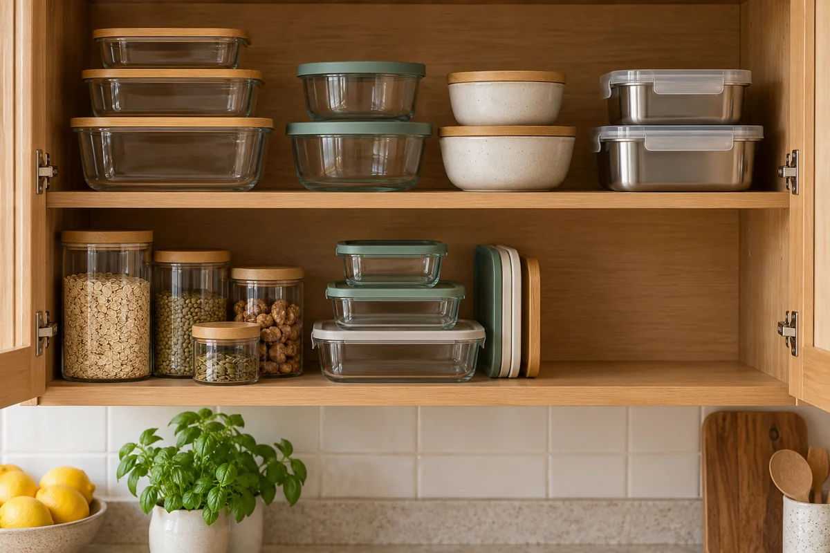 Reusable food containers and matching lids resting on open cupboard shelves