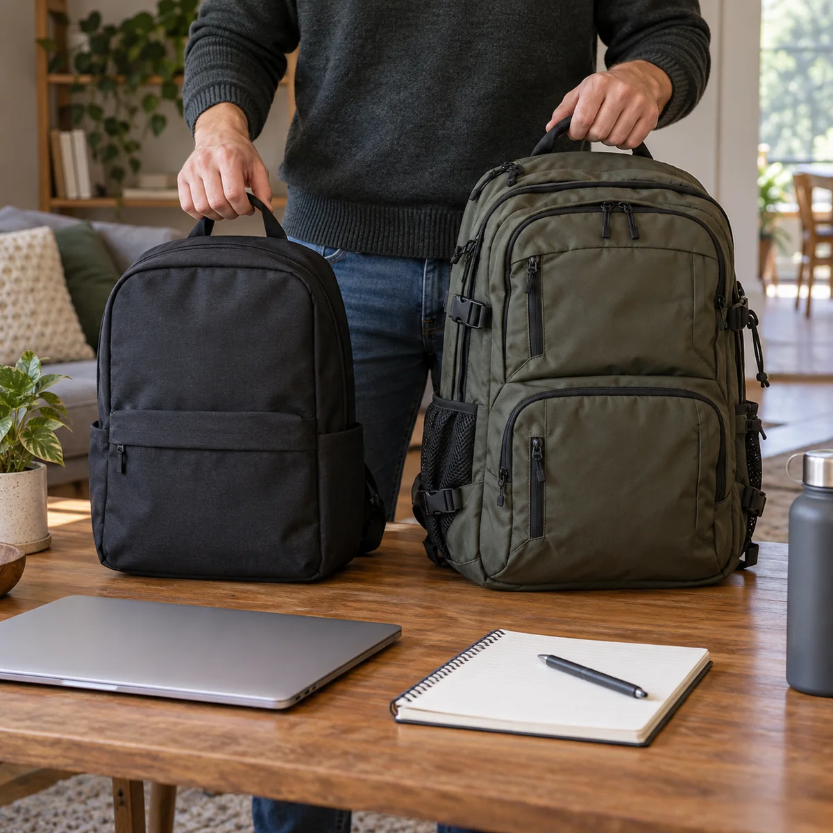 Comparing a compact backpack with a larger one against everyday items