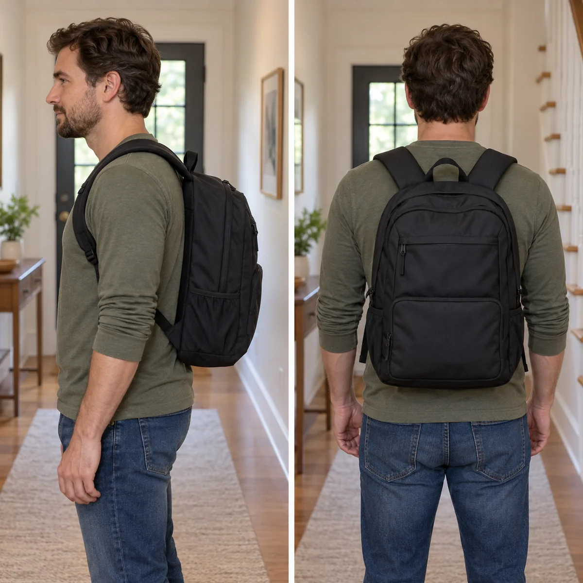 Person testing an everyday backpack with the shoulder straps adjusted