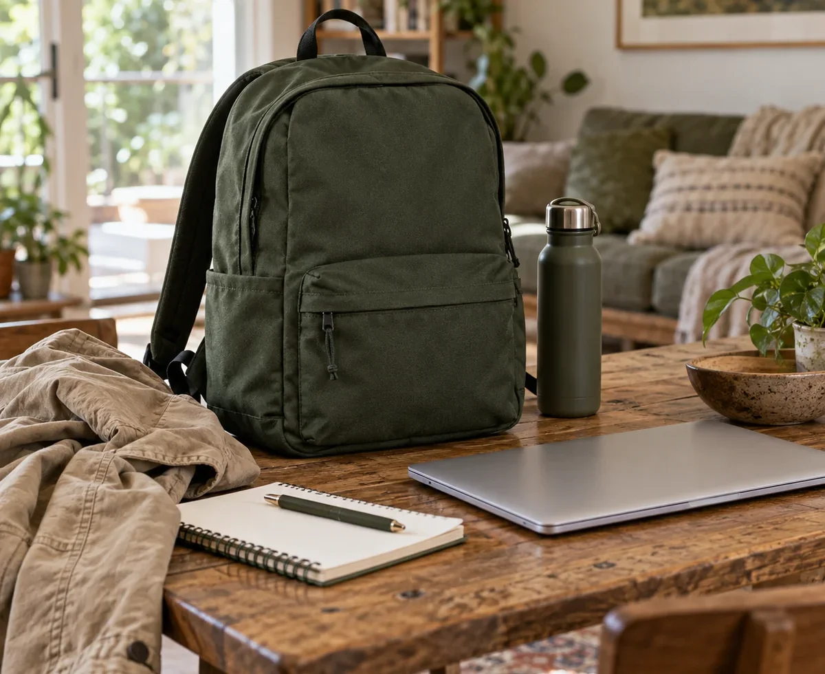 Simple everyday backpack beside a laptop, notebook and water bottle