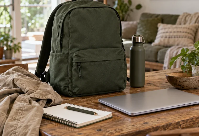 Simple everyday backpack beside a laptop, notebook and water bottle