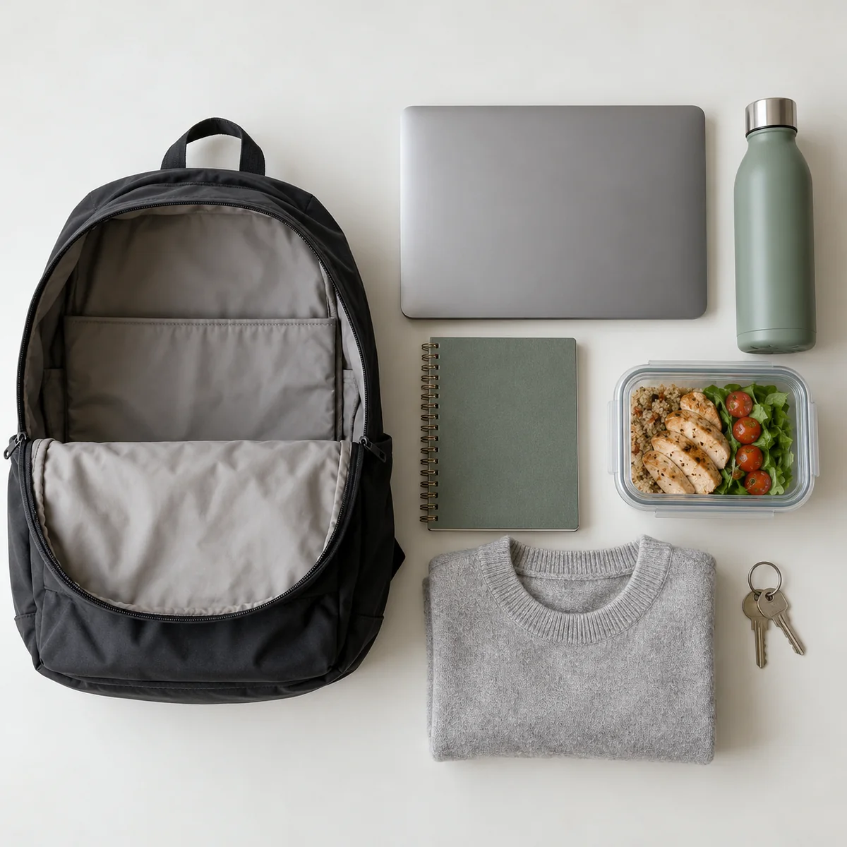 Everyday items laid out beside an open backpack to check useful capacity