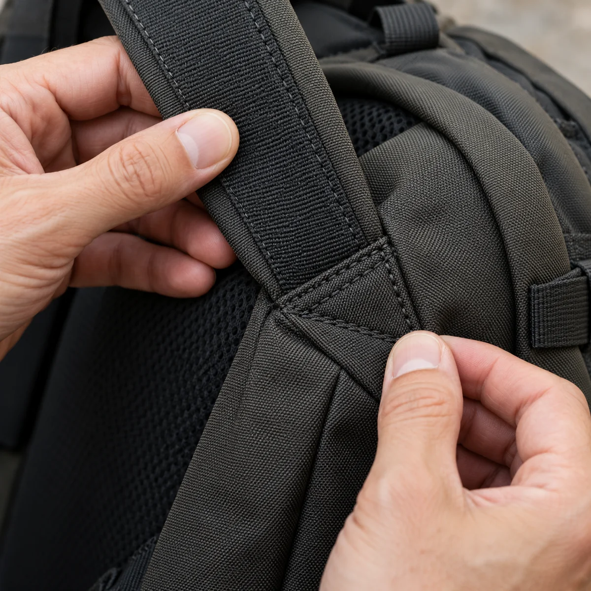 Inspecting the stitching where a backpack shoulder strap attaches to the bag