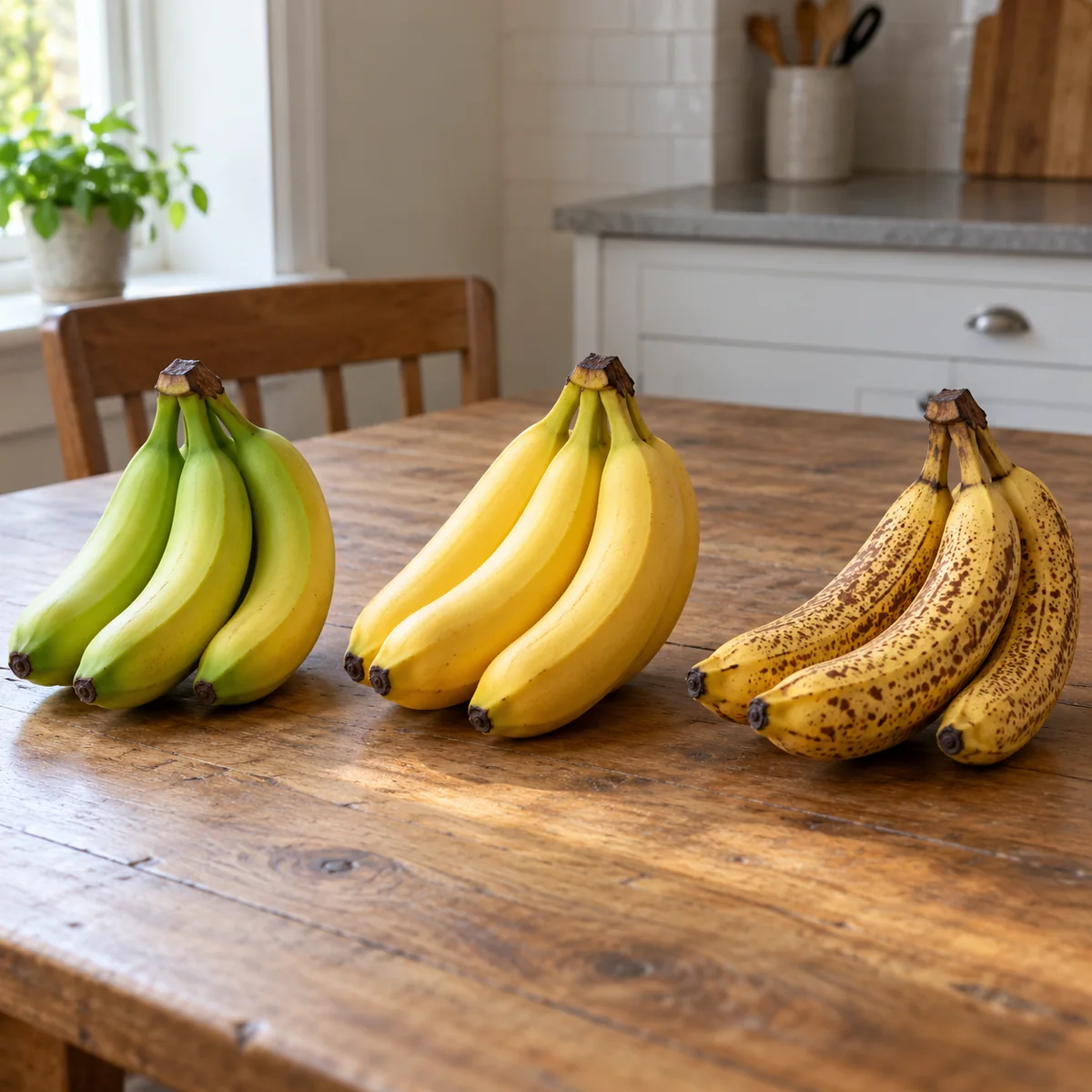 Green-tipped, yellow, and brown-speckled sound bananas sorted into three groups