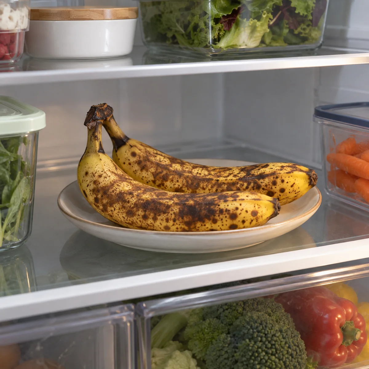 Ripe bananas with darkened peels on a plate inside a clean refrigerator