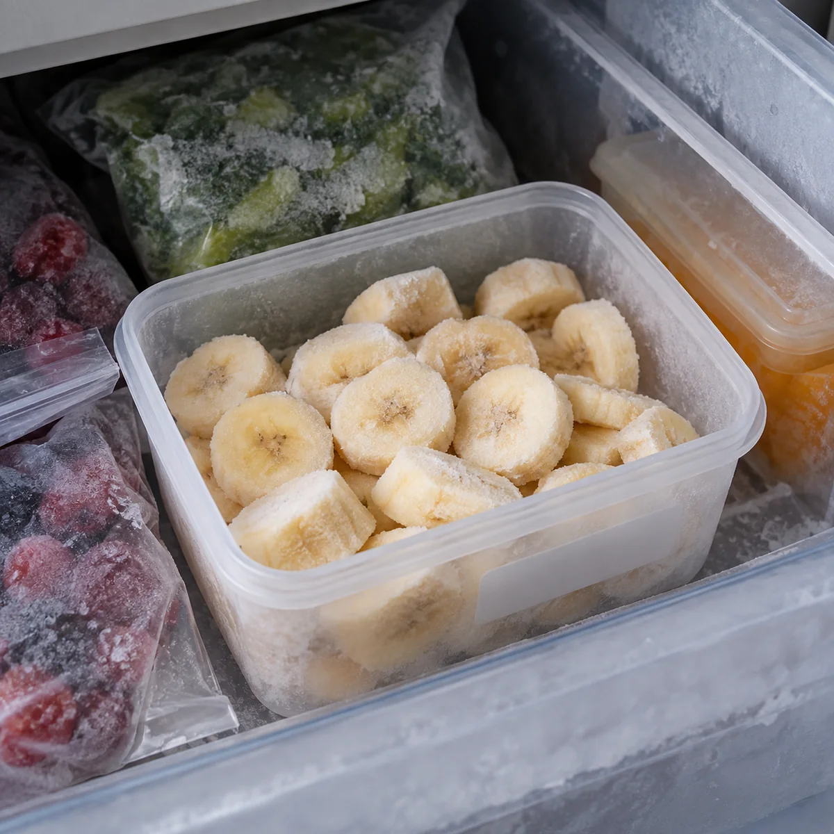 Portioned frozen peeled banana slices in a freezer-safe container