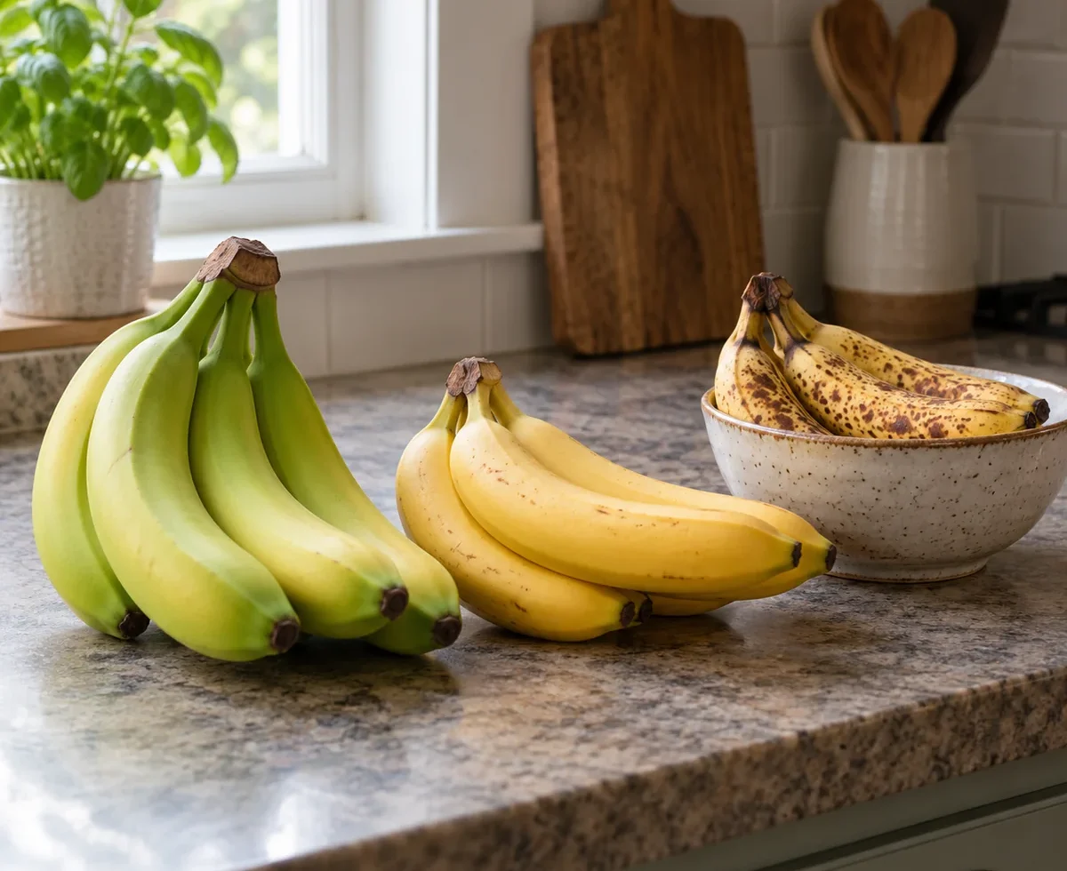 Green-tipped, ripe, and brown-speckled sound bananas on a kitchen counter