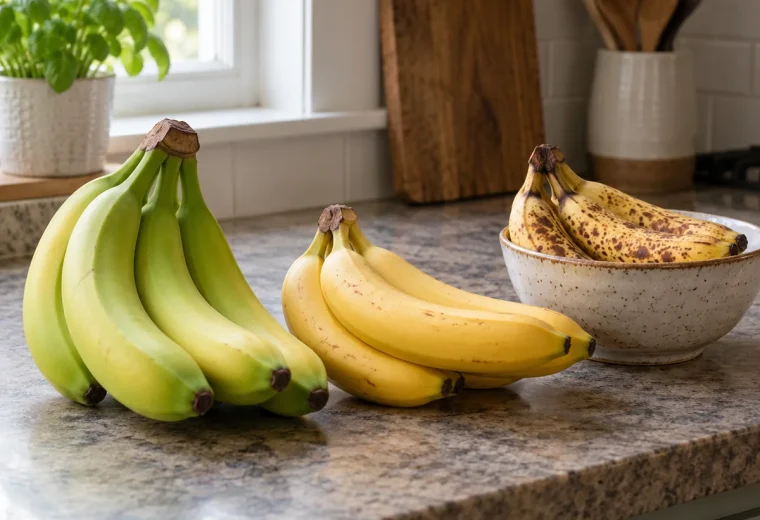 Green-tipped, ripe, and brown-speckled sound bananas on a kitchen counter