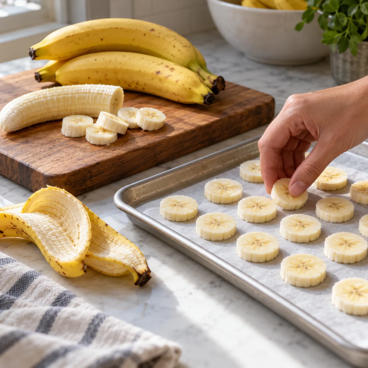 Peeled banana slices being arranged in one layer on a tray before freezing