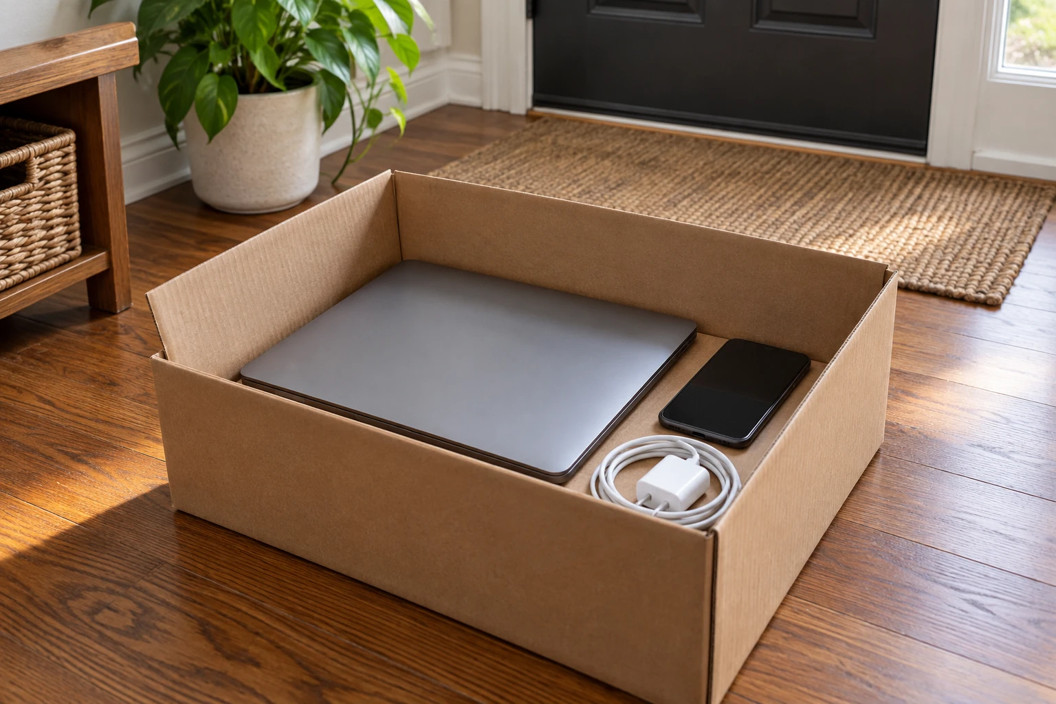 Old electronics resting securely in a sturdy open box on the floor for a planned drop-off