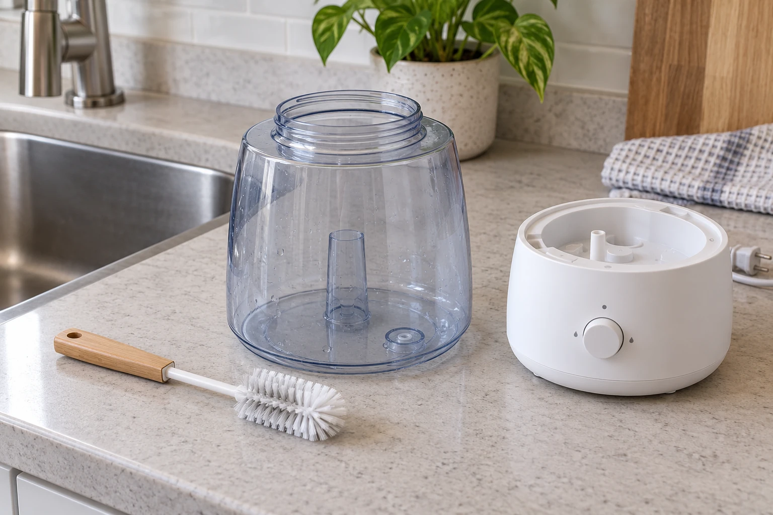 Detached empty humidifier tank and soft brush resting beside a separate dry base