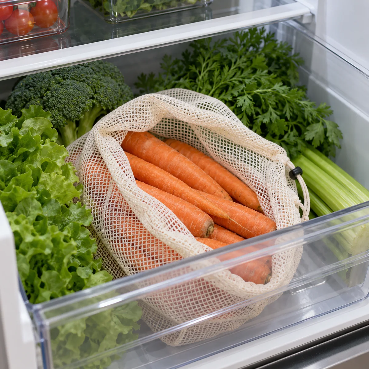 Whole trimmed carrots in a vented produce bag in a refrigerator crisper