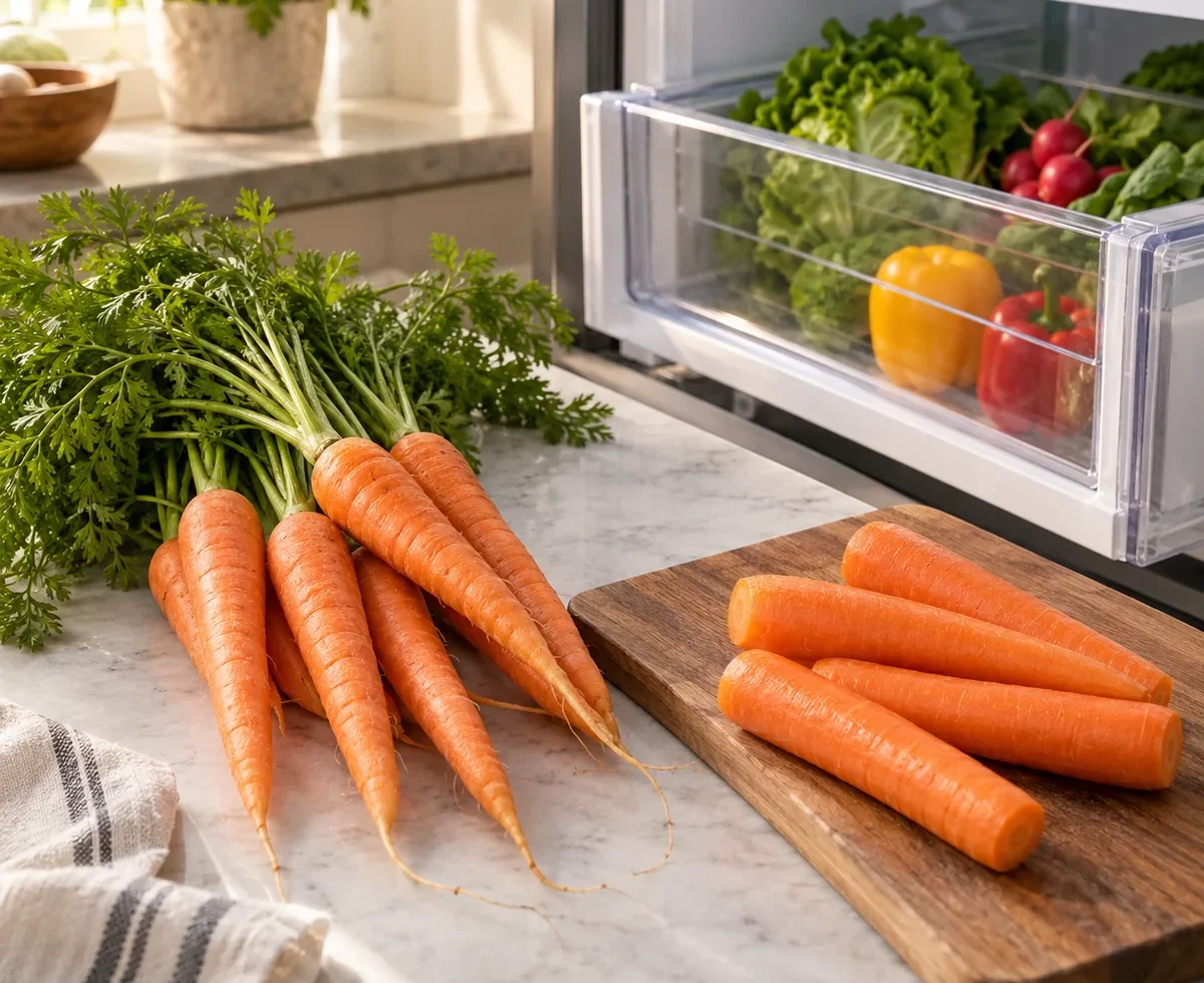 Fresh whole carrots with and without leafy tops near a refrigerator crisper