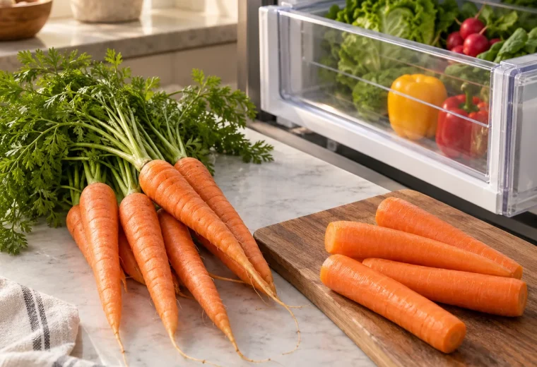 Fresh whole carrots with and without leafy tops near a refrigerator crisper