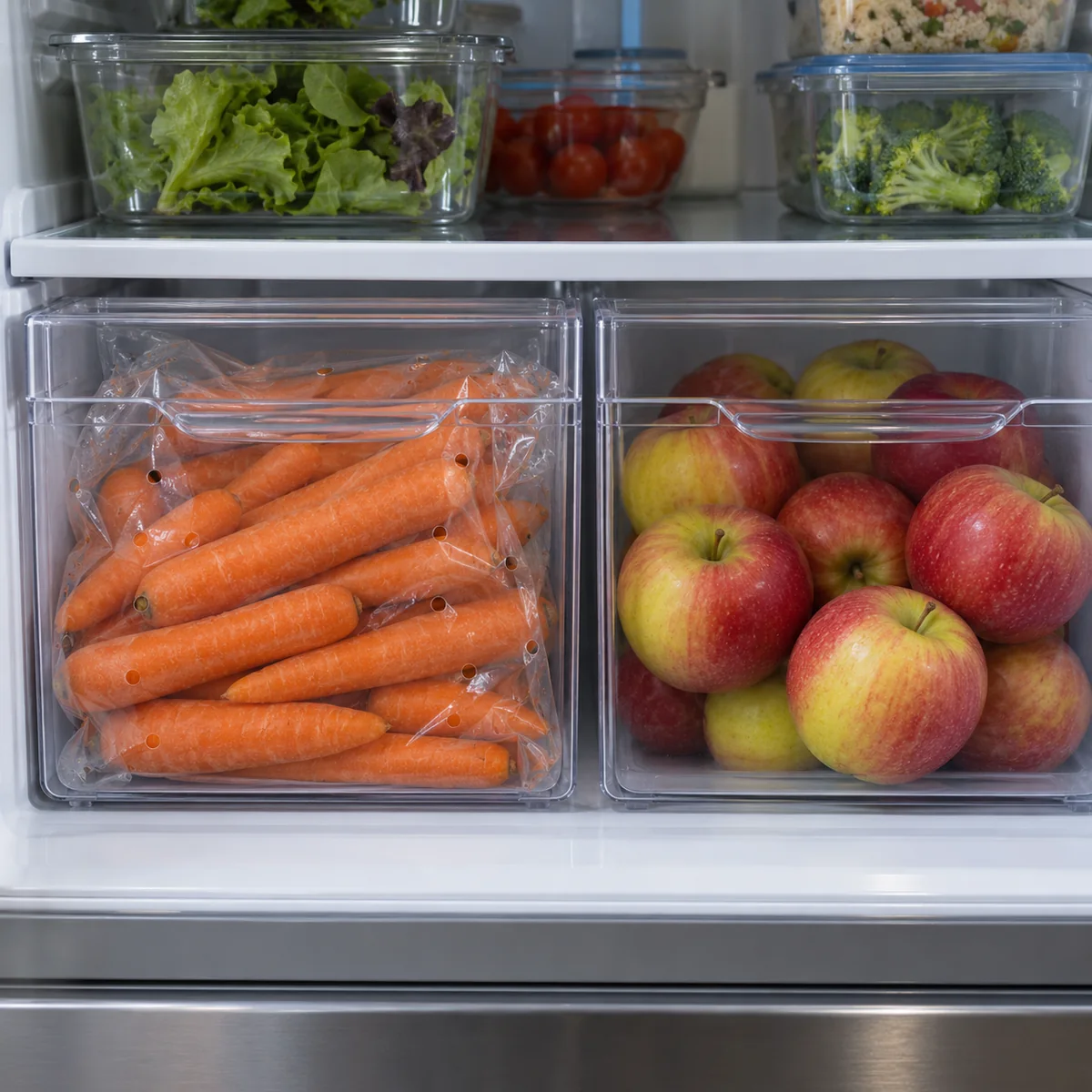 Trimmed carrots in a vented bag in one refrigerator drawer and apples in a separate drawer