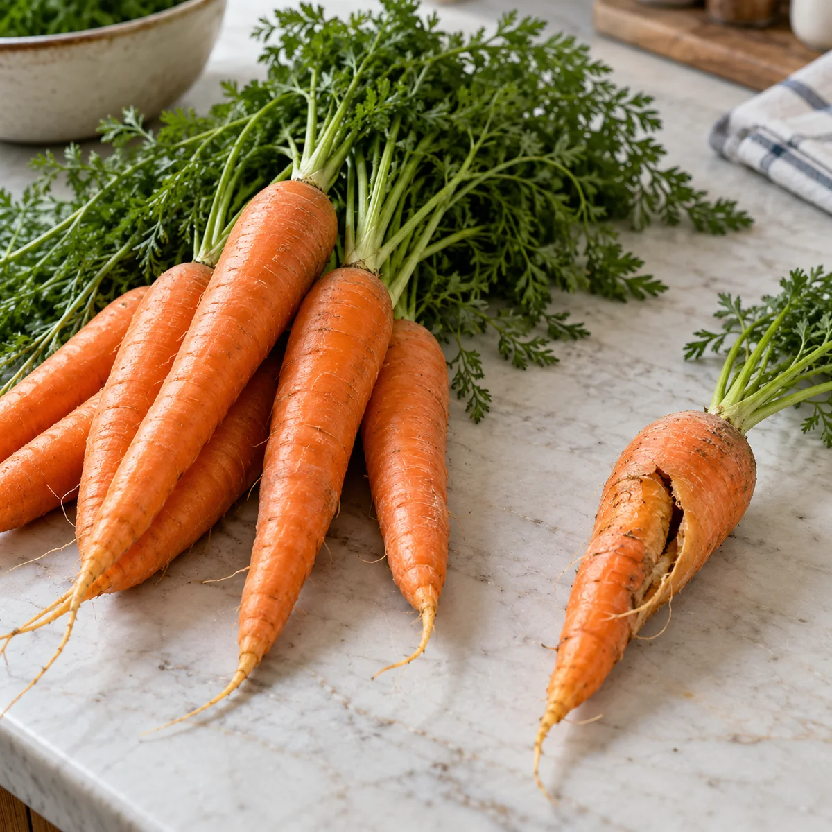 Firm whole carrots grouped separately from one split carrot for prompt use