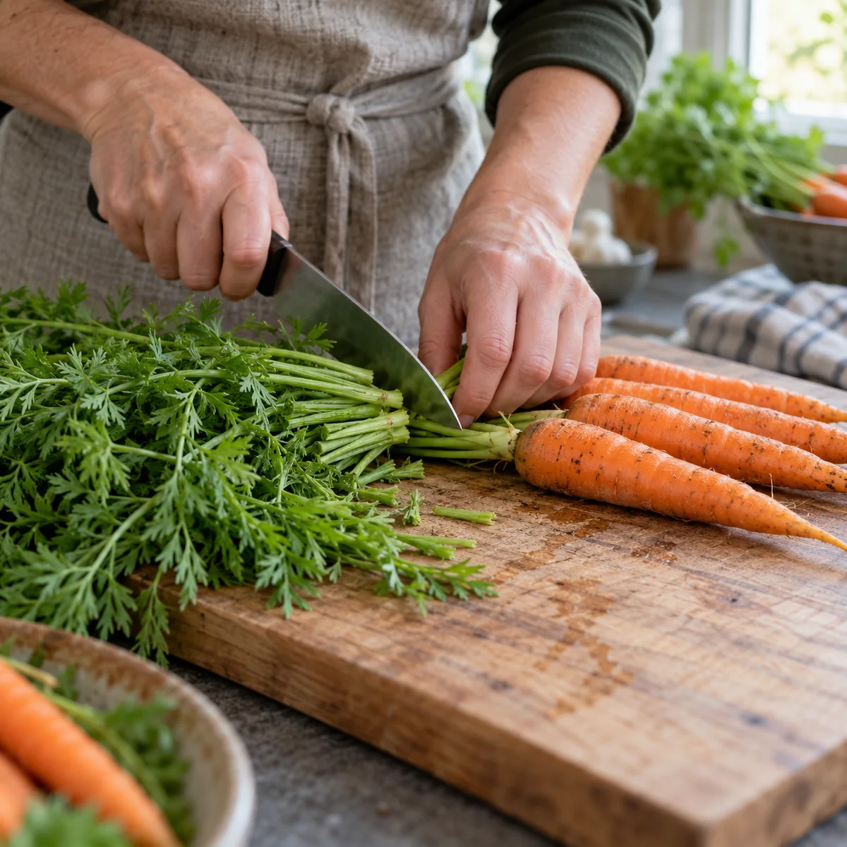 Leafy carrot tops being carefully trimmed from whole roots on a clean board