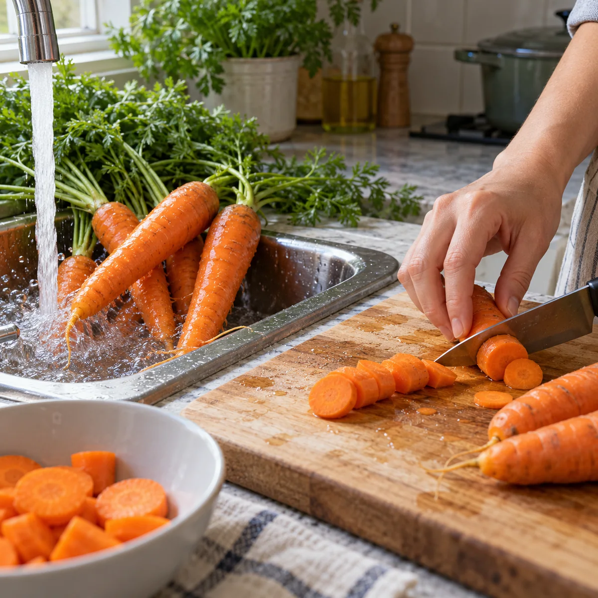 Sound carrots being washed and cut for a cooked dish