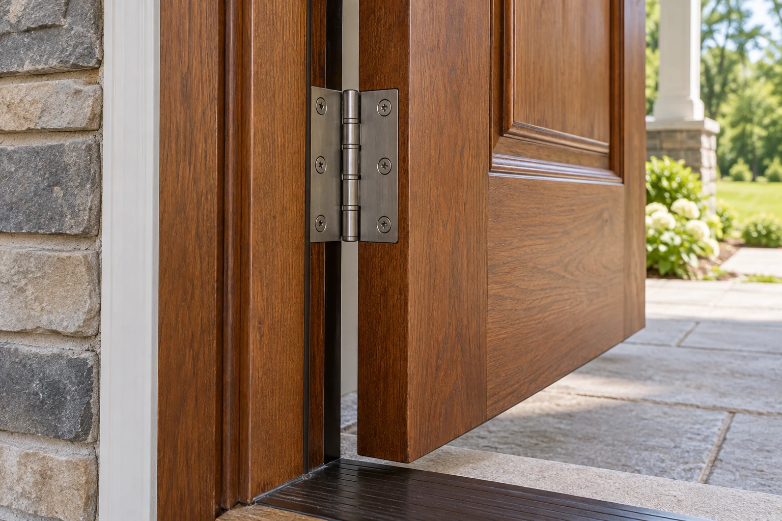 Open wooden exterior door supported by a complete metal hinge screwed to the door and jamb