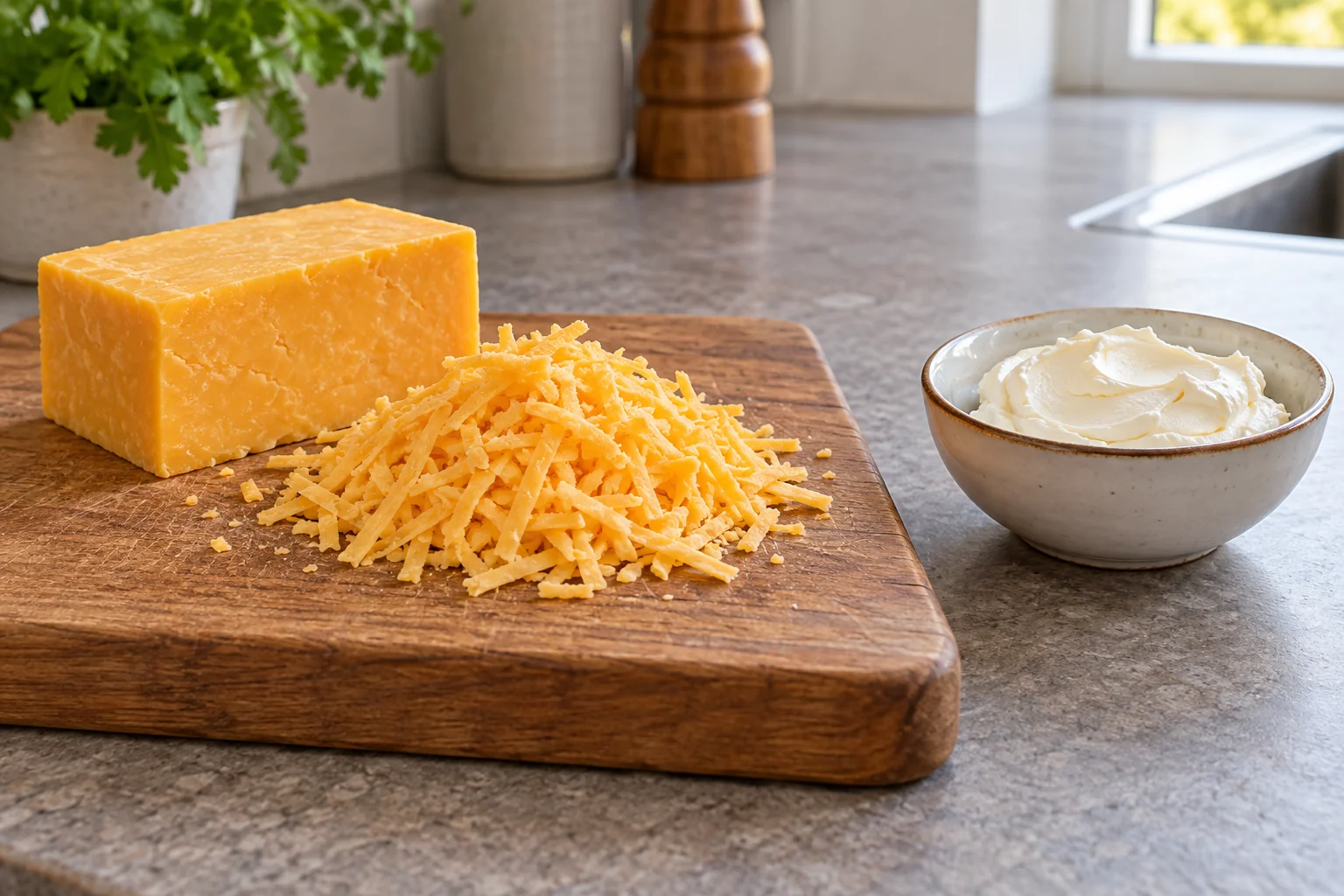 Firm cheese block and grated cheese on a board with soft spreadable cheese in a separate dish