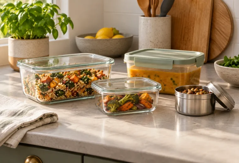 Reusable food storage containers in several useful sizes resting on a kitchen counter