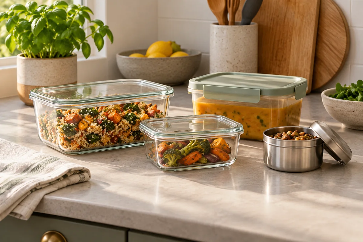 Reusable food storage containers in several useful sizes resting on a kitchen counter