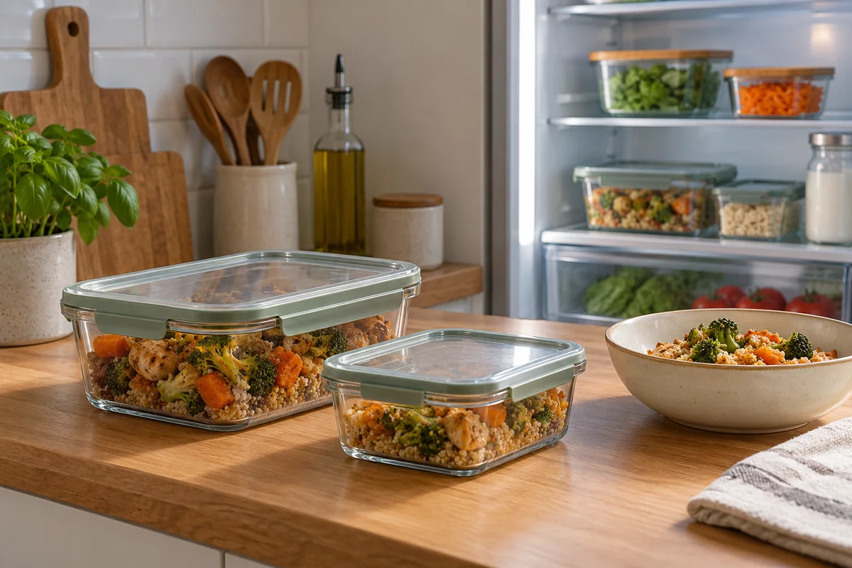 Two shallow lidded food containers on a counter beside a bowl of leftovers and an open refrigerator