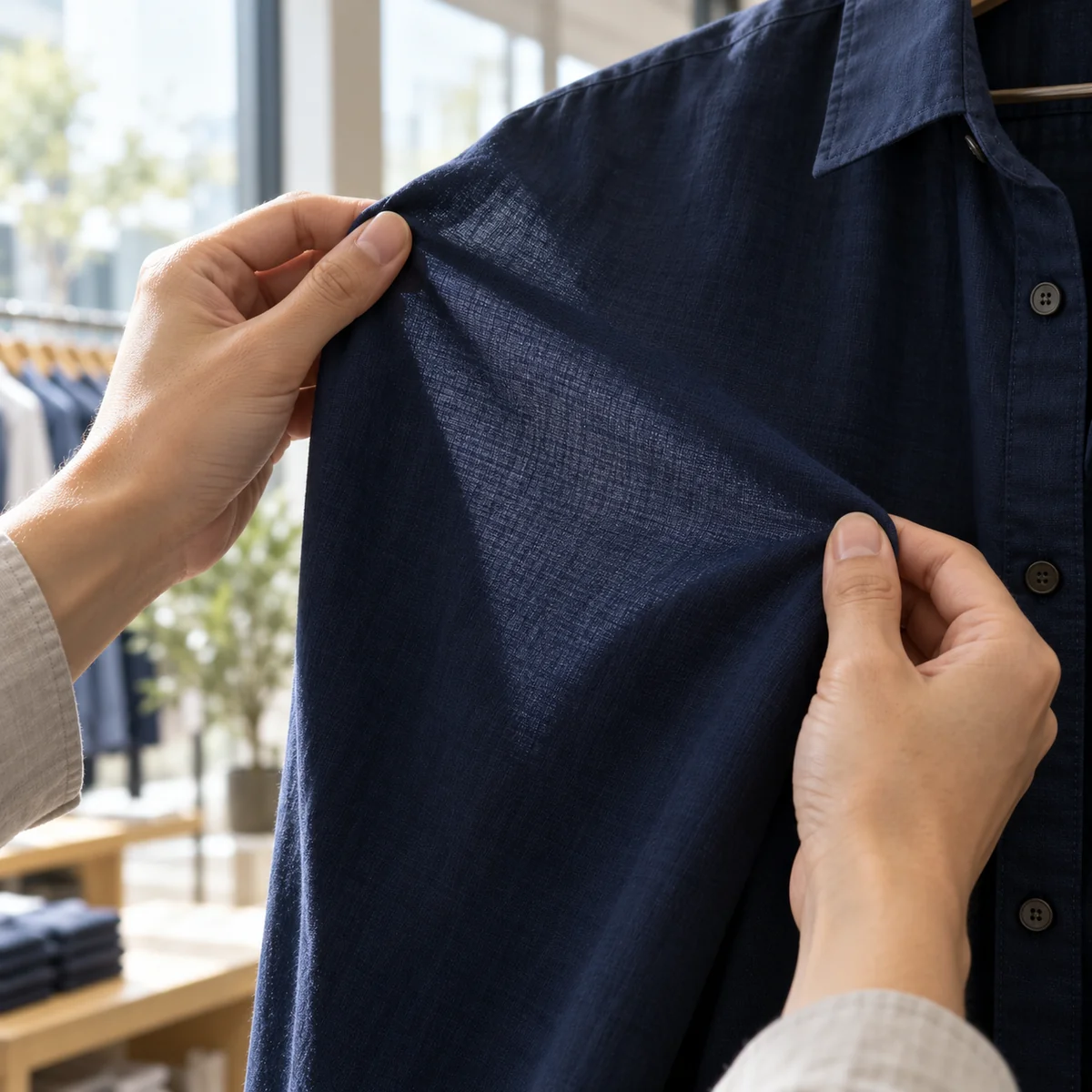 Fabric of a shirt being inspected for evenness and opacity in natural light