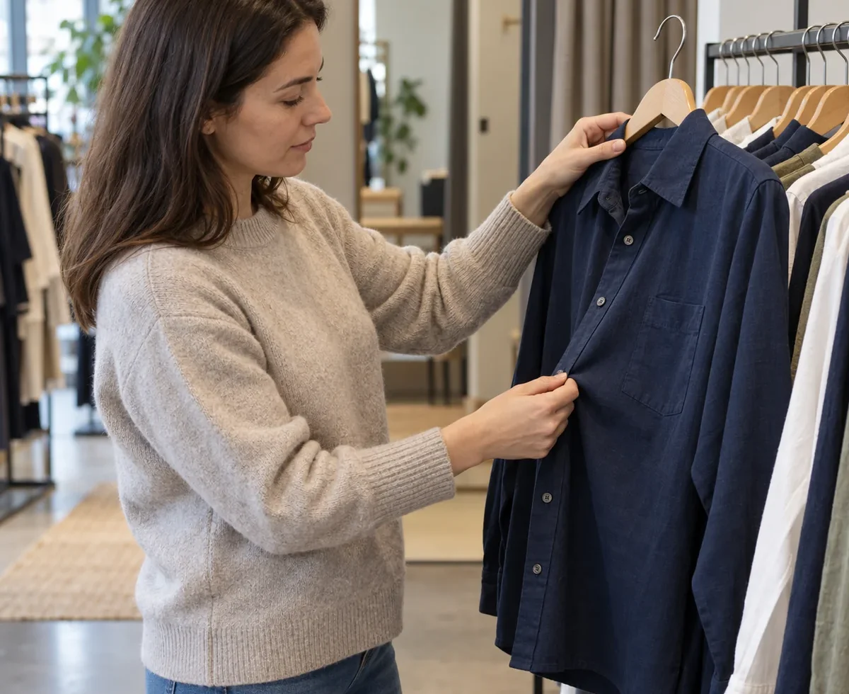 Shopper examining a navy shirt in a clothing store before buying
