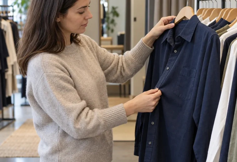 Shopper examining a navy shirt in a clothing store before buying