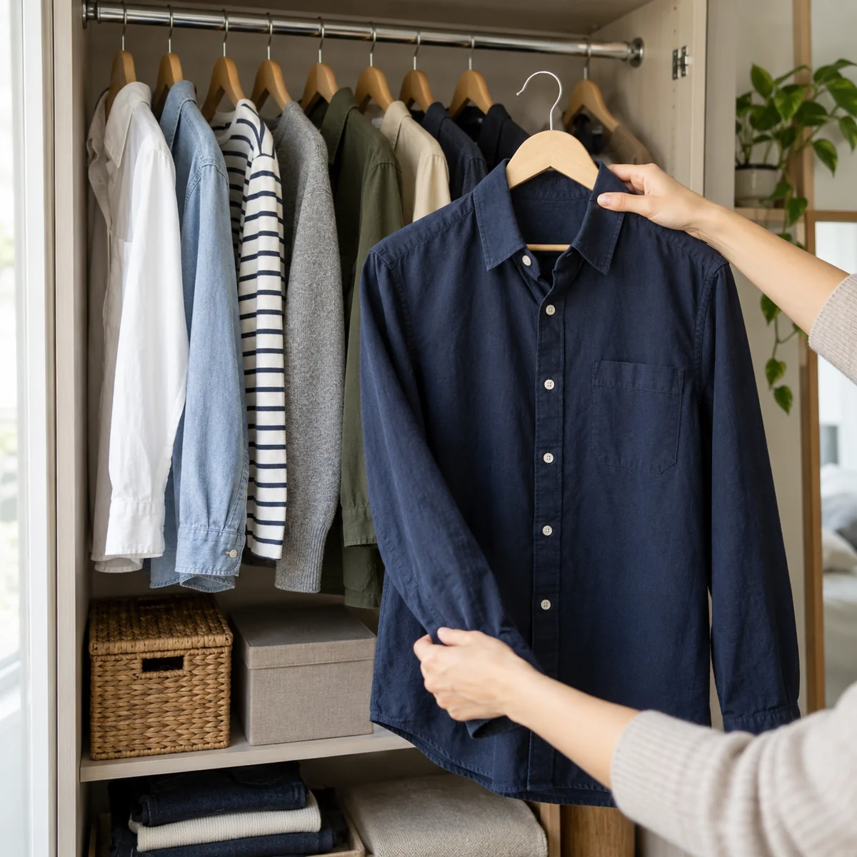 Shopper comparing a shirt with clothing already in a wardrobe