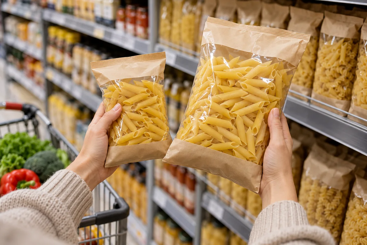 Grocery shopper comparing two sizes of a shelf-stable food package