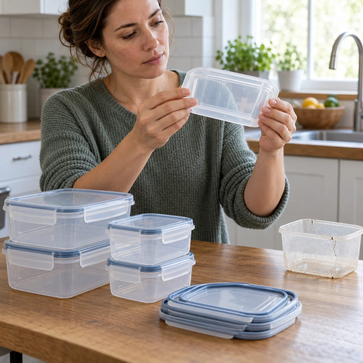 Reusable containers being inspected with a damaged piece set aside