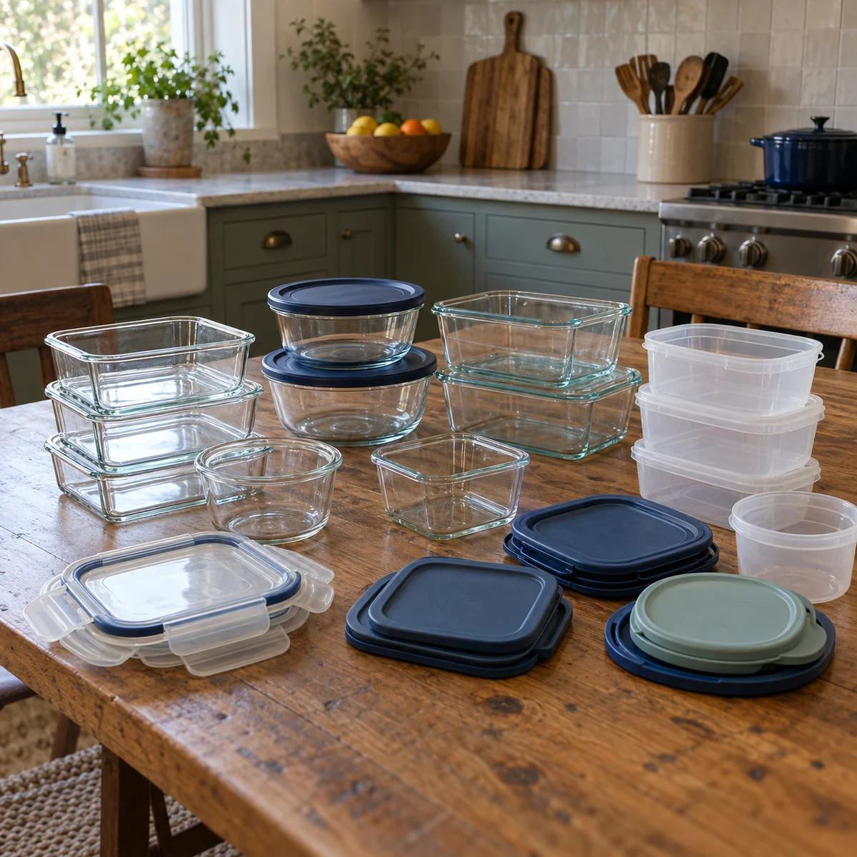 Reusable food storage containers and lids spread across a table for sorting