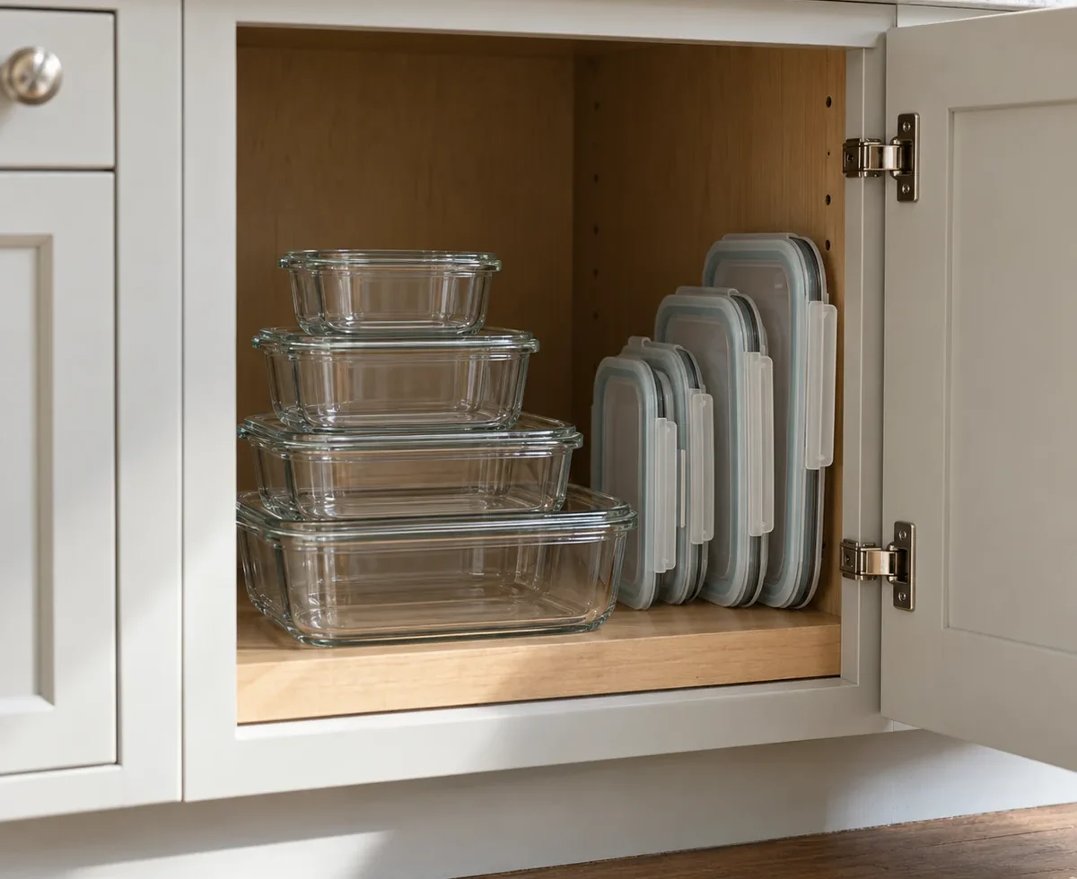 Reusable food storage containers and lids arranged in an existing kitchen cabinet