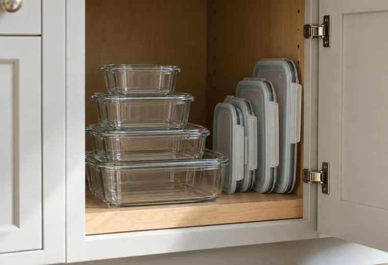Reusable food storage containers and lids arranged in an existing kitchen cabinet