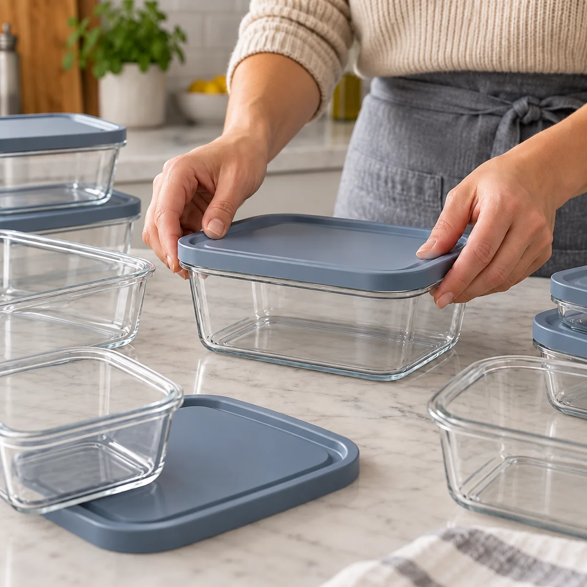 A matching reusable container and lid being fitted together on a kitchen table