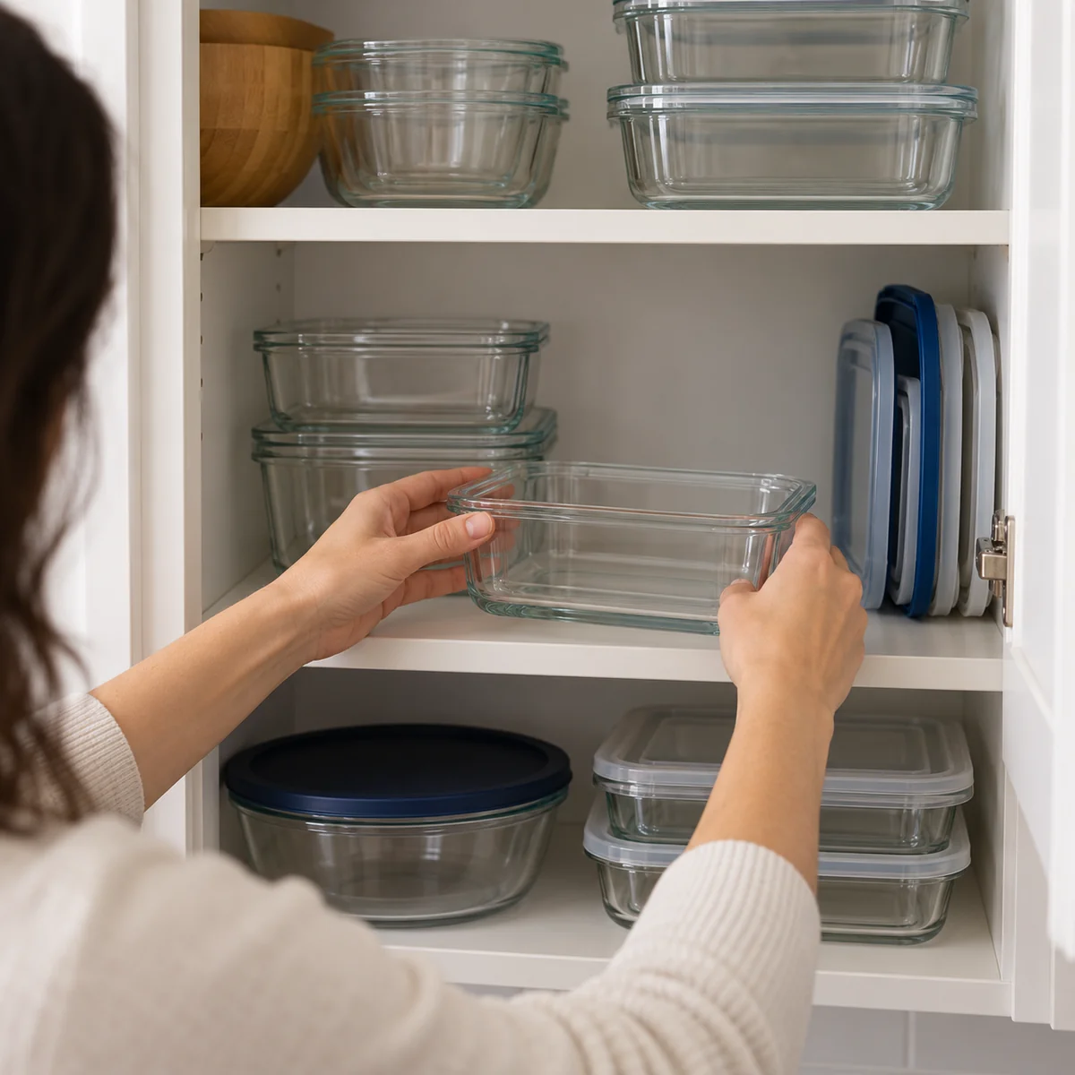 A dry reusable container being returned to its regular cabinet shelf