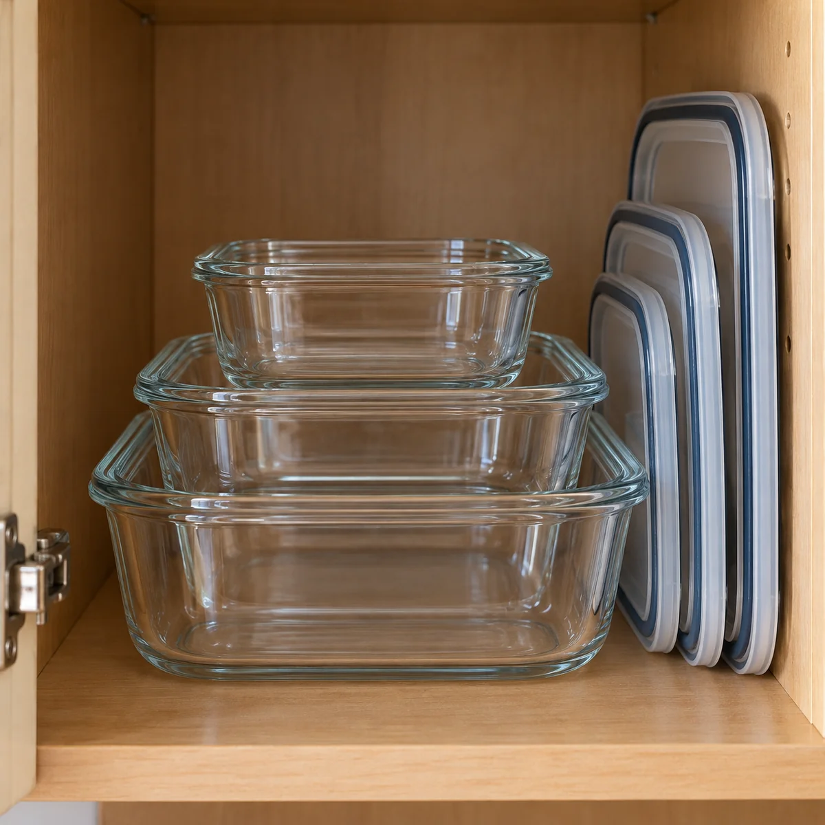 Nested reusable food containers with their lids together on a cabinet shelf