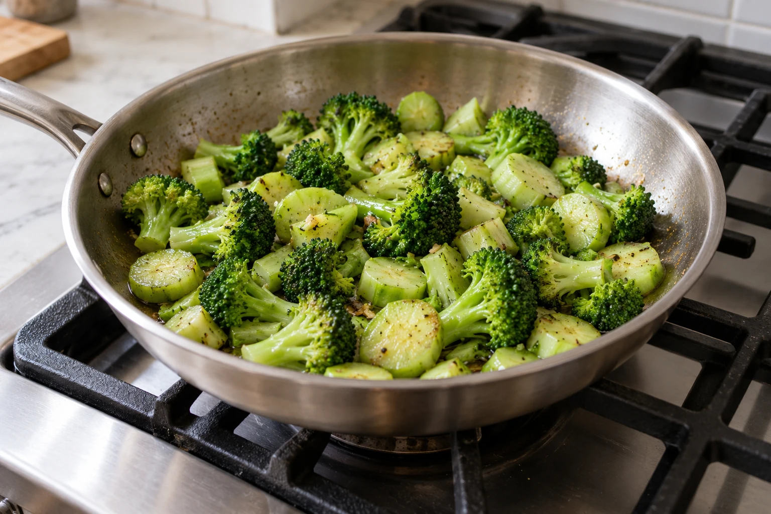 Tender broccoli stem coins and florets cooking together inside a skillet supported by a stovetop grate