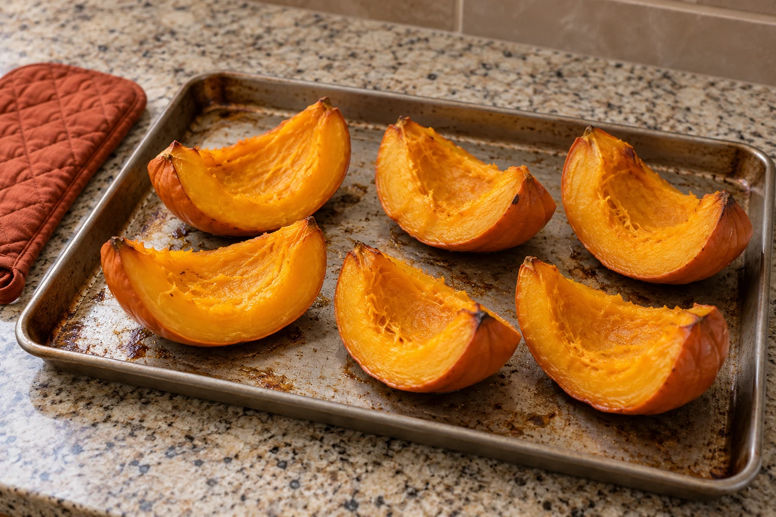 Soft cooked orange-skinned pumpkin wedges resting on a fully supported oven-safe baking tray